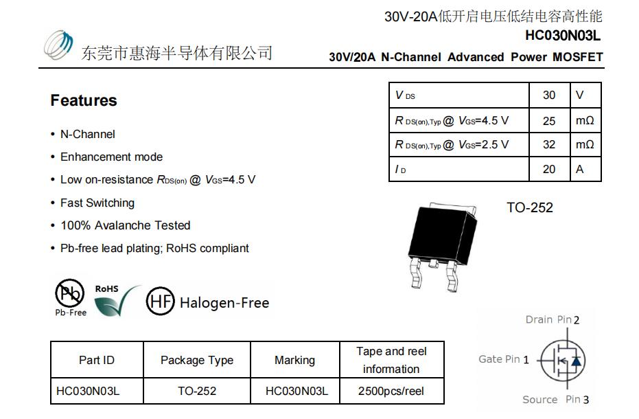 30V-20A低开启电压低结电容高性能HC030N03L